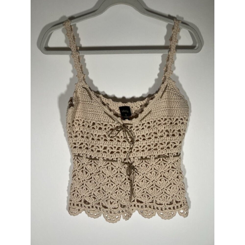 Vintage Y2K PLENTY crochet hippie cream tank suede ties L boho festival cowgirl